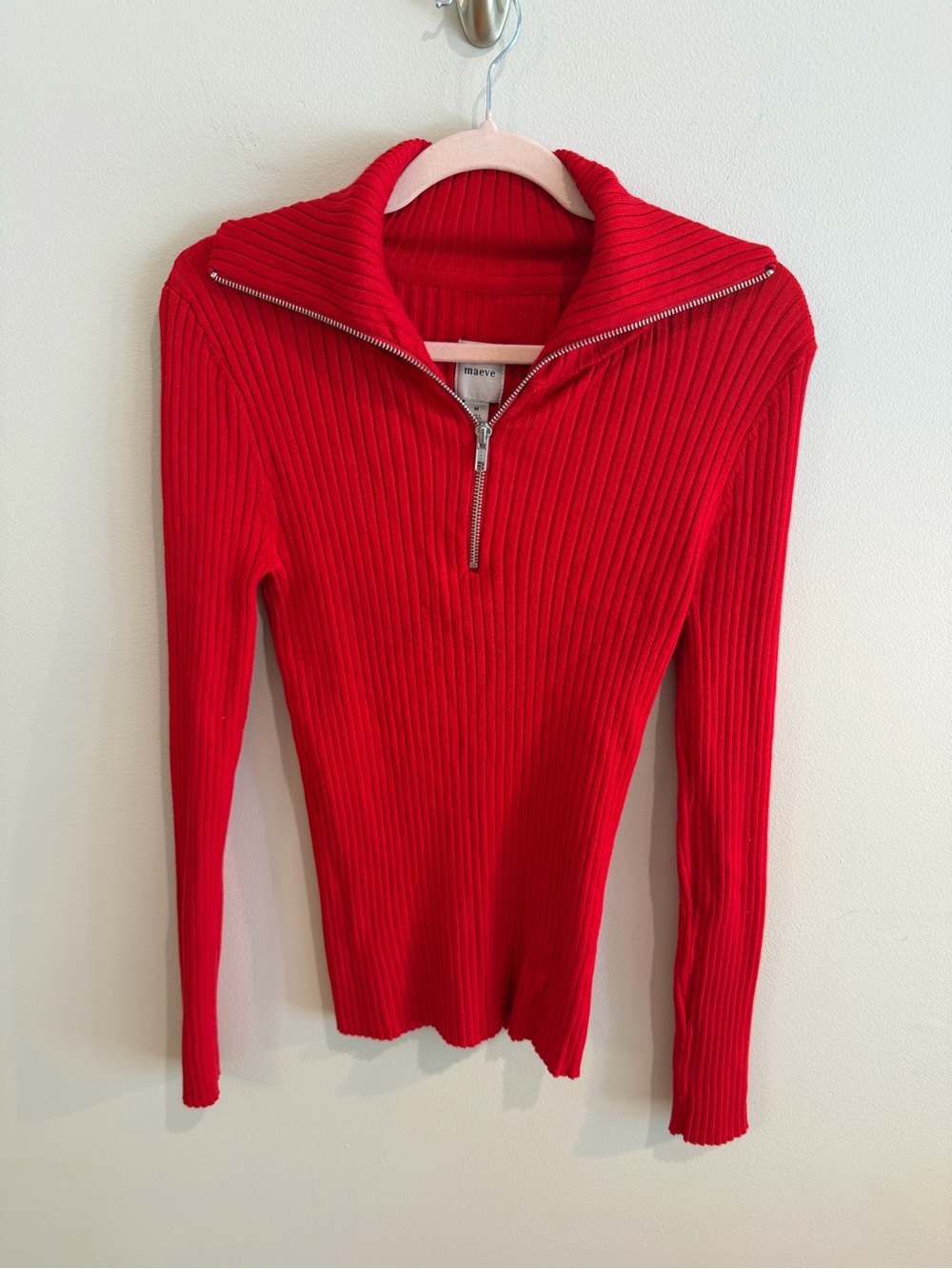 Anthropologie Maeve Red Ribbed Zip-Neck Sweater Top